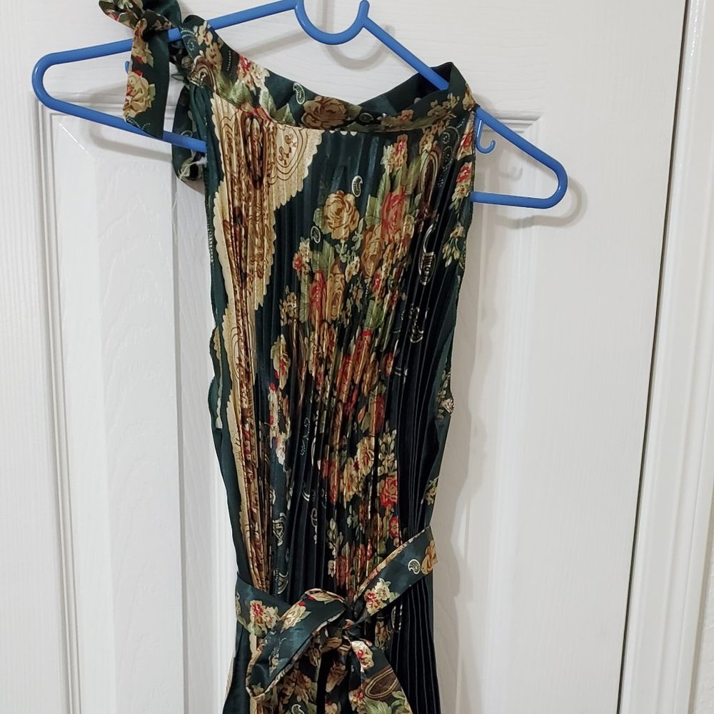 Patterned Crepe Dress w/ Shoulder tie & belt